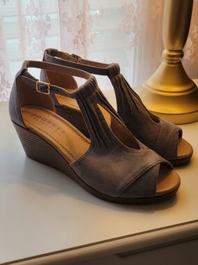 Journee Collection Gray Suede Like T-Strap Wedge Sandals